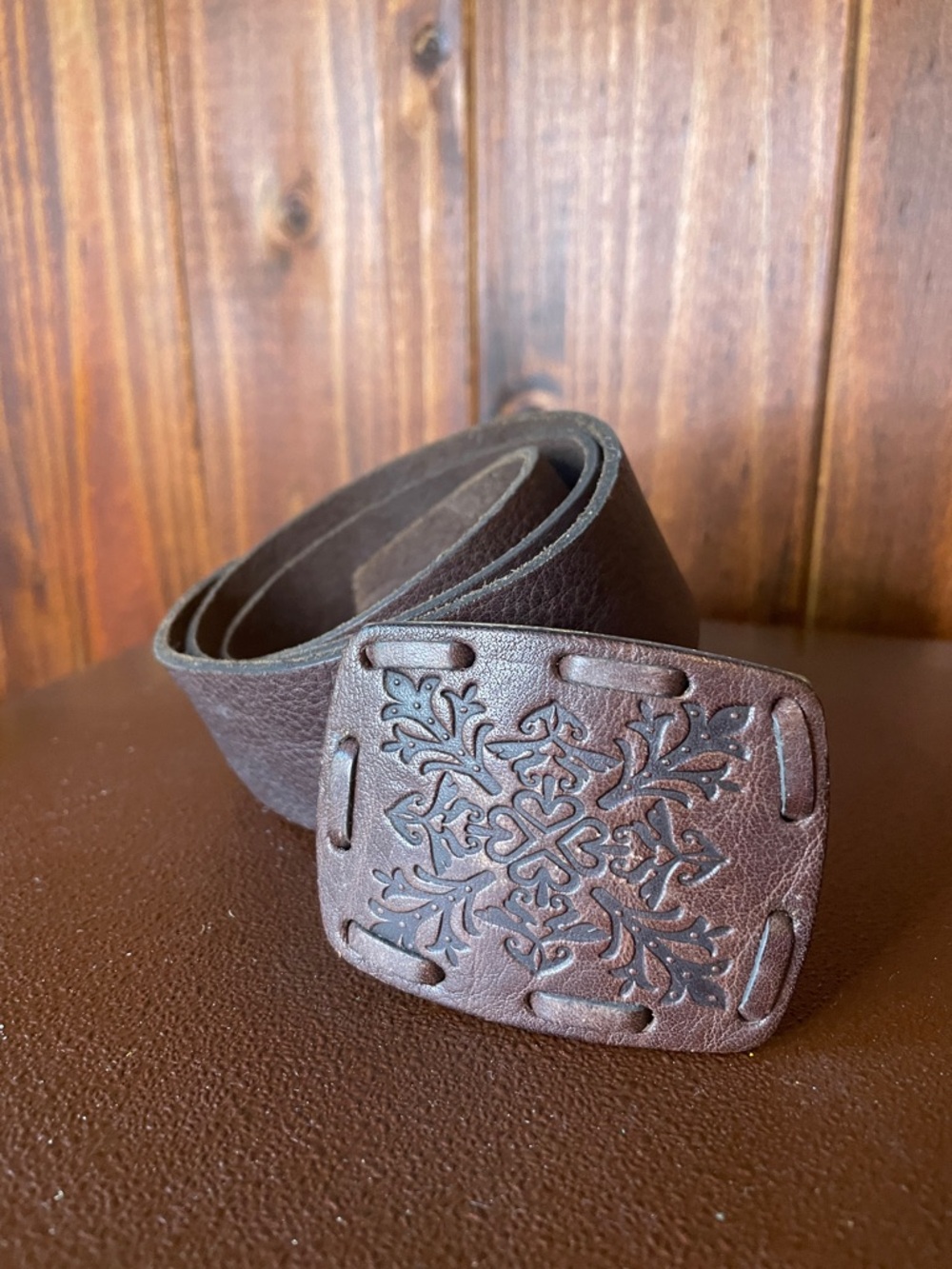 Brown Leather Women's Belt with Floral Tooled Buckle